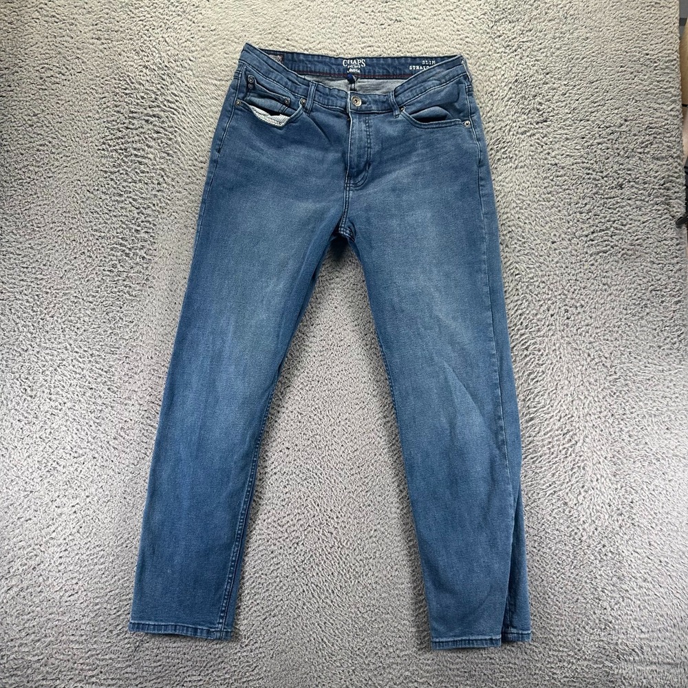Chaps Jeans Men's 34x30 Blue Cotton Denim Straight Slim Faded Workwear Stretch